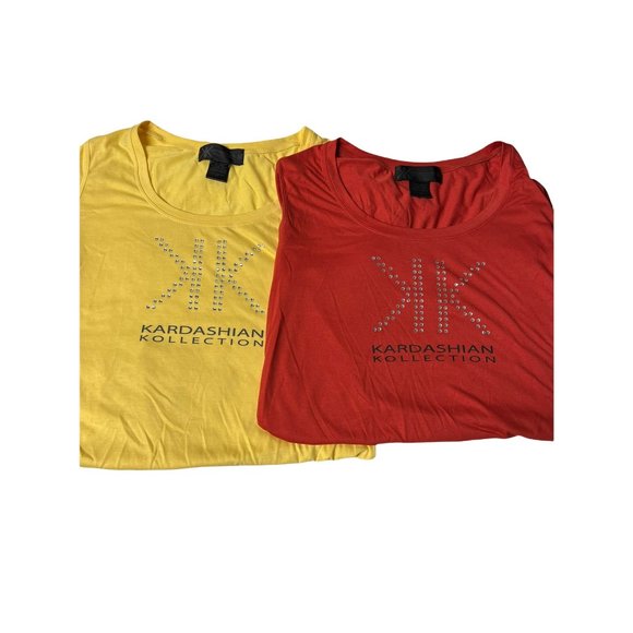 KARDASHIAN KOLLECTION 2 shirts Jeweled Mustard Yellow, Rust Red, Women's size XL - Picture 1 of 11